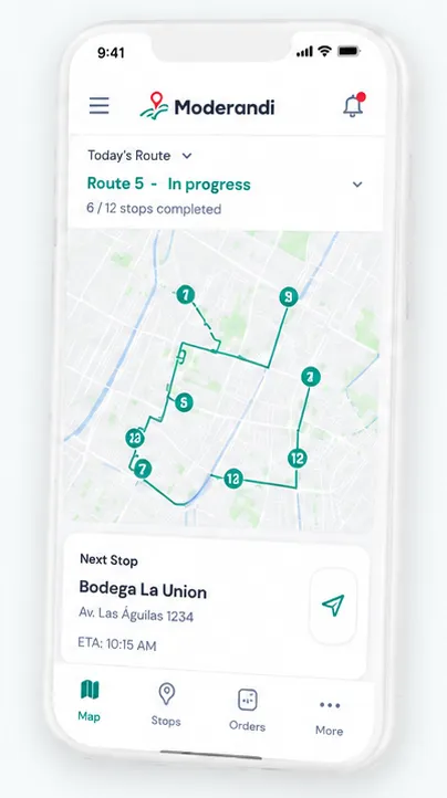 Moderandi Agent app showing a field agent's route in progress on a map, with 6 of 12 stops completed and the next stop's address and ETA