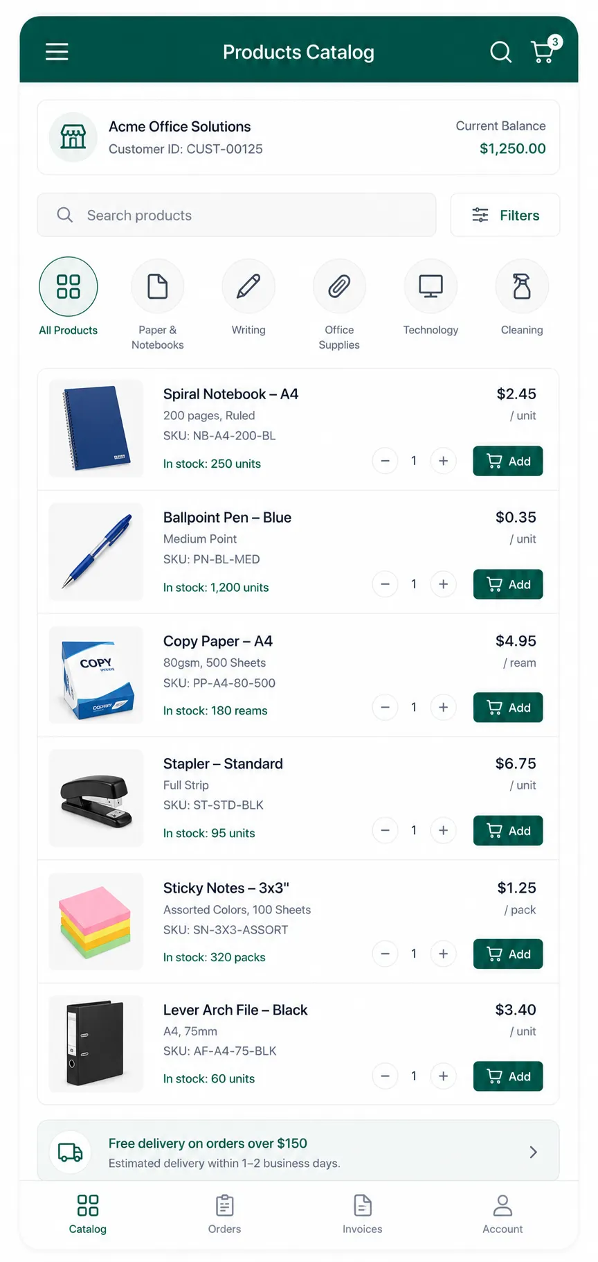 Moderandi Customer Portal product catalog on mobile, showing account balance, per-item stock levels, and unit pricing with add-to-cart controls