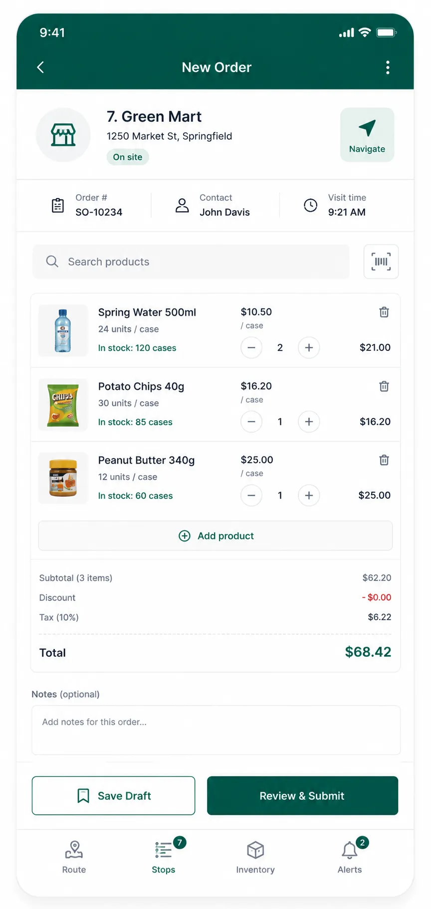 Customer Portal order screen on mobile, showing line items by case, subtotal, tax, and order total before submission
